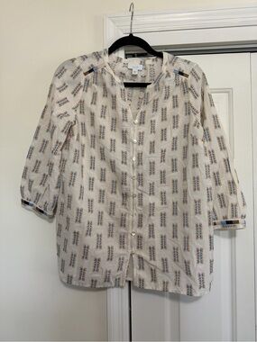 Pure Jill Button Down Shirt Light Tan Blue Embroidered Size XS